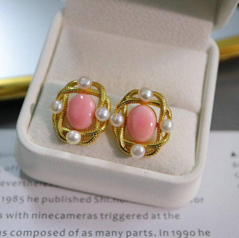 Square Pink Queen Conch Shell Pearls Earrings Gold Vermeil - House Of Pearls